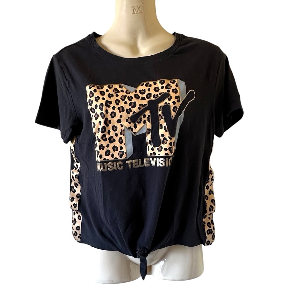 MTV Black Tie Front Crop Tee with Leopard Print Womens Small Retro Goth